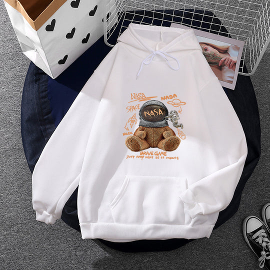 Damen nan lässiger Hoodie mit Astronauten‑Teddy‑Print, Kängurutasche und weichem Fleece-Innenfutter Nord Taschen