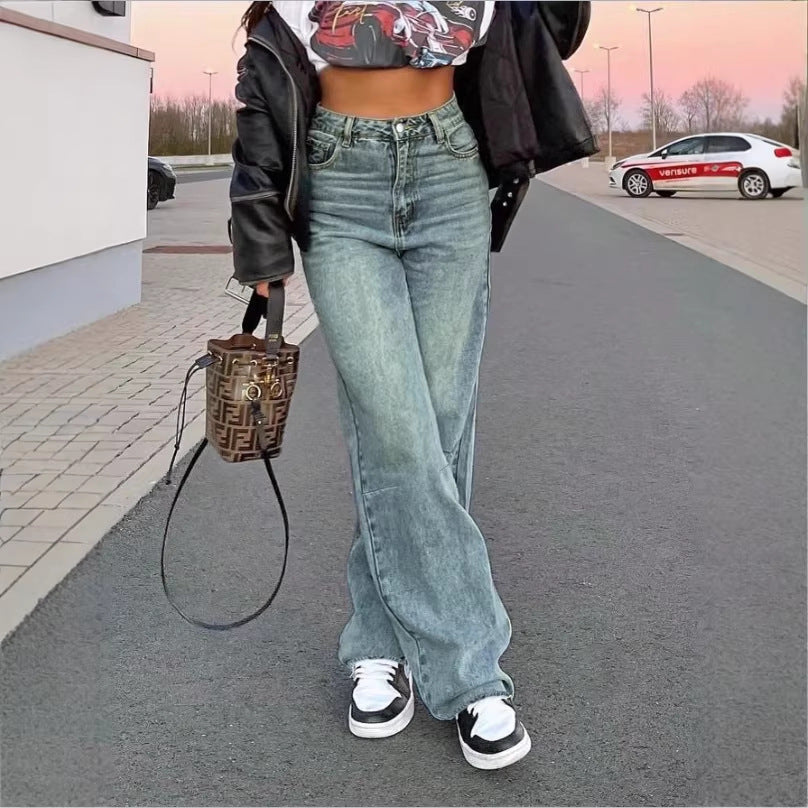 Damen High-Waist Weite Vintage-Denim Baggy-Jeans mit entspanntem Schlag Nord Taschen
