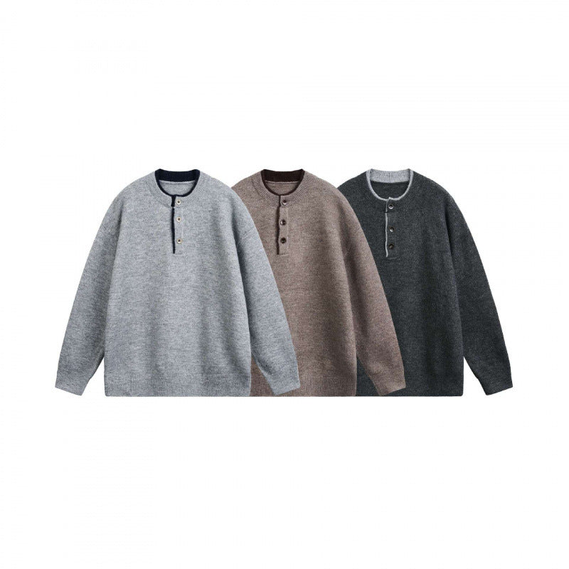 Unisex Grobgestrickter Henley-Pullover mit halber Knopfleiste und geripptem Ausschnitt Nord Taschen