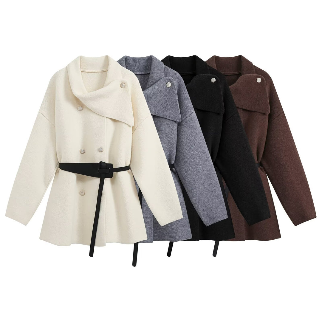 Damen Kurzmantel mit asymmetrischem Schalkragen, doppelreihiger Knopfleiste und Taillengürtel Nord Taschen