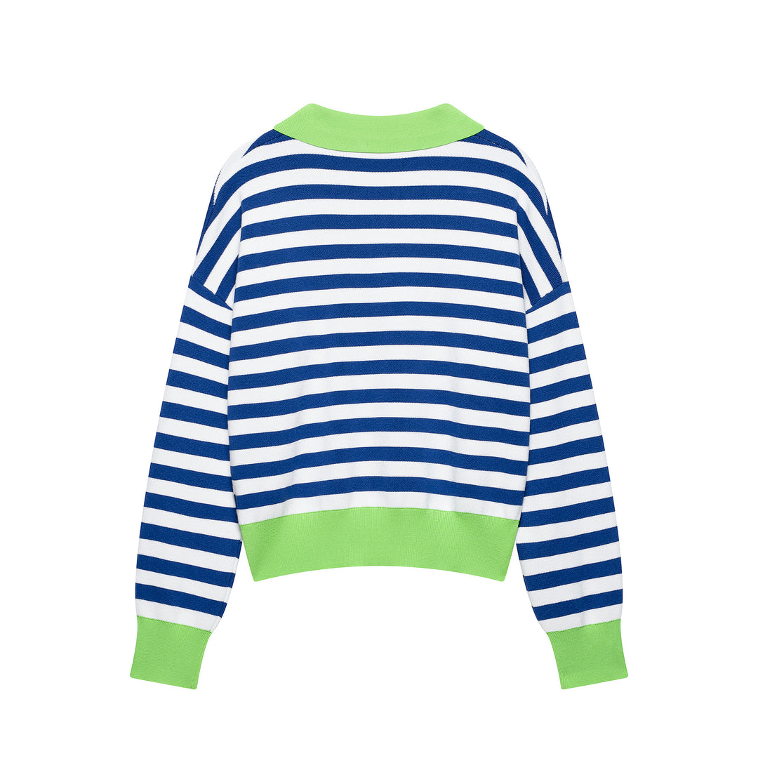 Damen Gestreifter Polo‑Pullover mit V‑Ausschnitt, weitem Rumpf und kontrastierenden Bündchen Nord Taschen