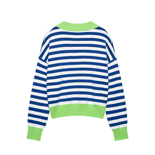 Damen Gestreifter Polo‑Pullover mit V‑Ausschnitt, weitem Rumpf und kontrastierenden Bündchen Nord Taschen