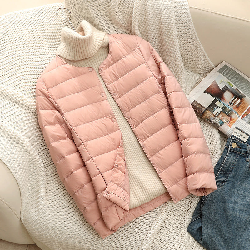 Damen Ultraleichte Steppjacke ohne Kragen, Packbare Thermojacke für Reisen und Alltag Nord Taschen