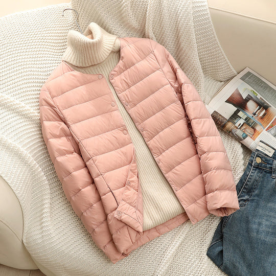 Damen Ultraleichte Steppjacke ohne Kragen, Packbare Thermojacke für Reisen und Alltag Nord Taschen
