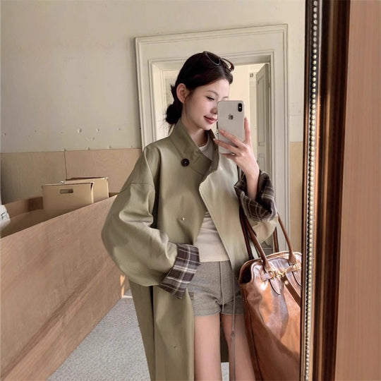 Damen Oversized Kurzmantel mit Stehkragen und kariertem Ärmelfutter Nord Taschen