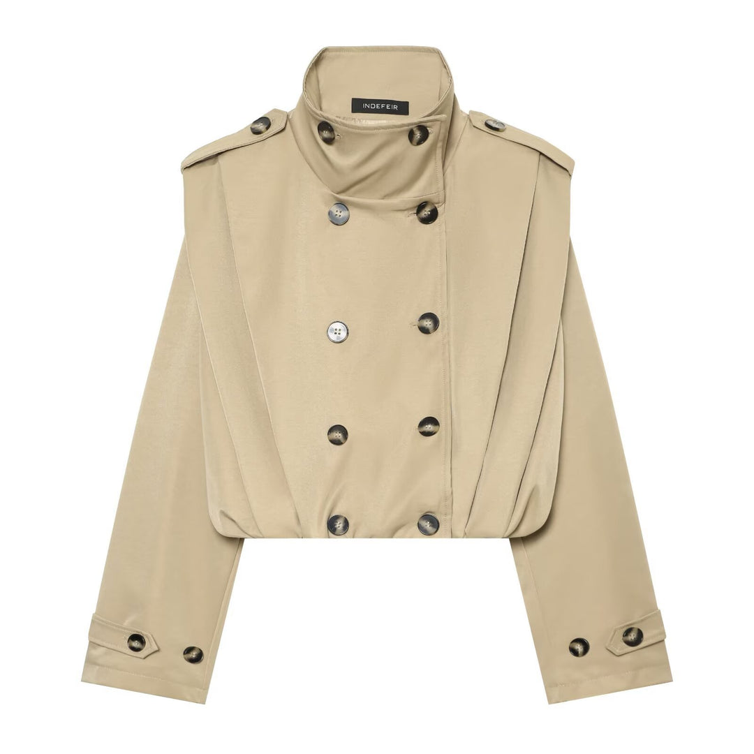 Damen Cropped Trenchjacke im Cape-Look mit doppelreihiger Knopfleiste und hohem Stehkragen Nord Taschen