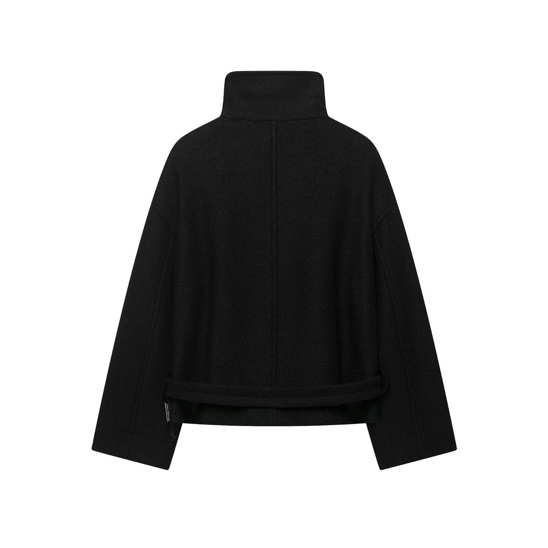 Damen Boxy-Capejacke in Wolloptik mit hoher Kragenblende und Knebelverschlüssen Nord Taschen