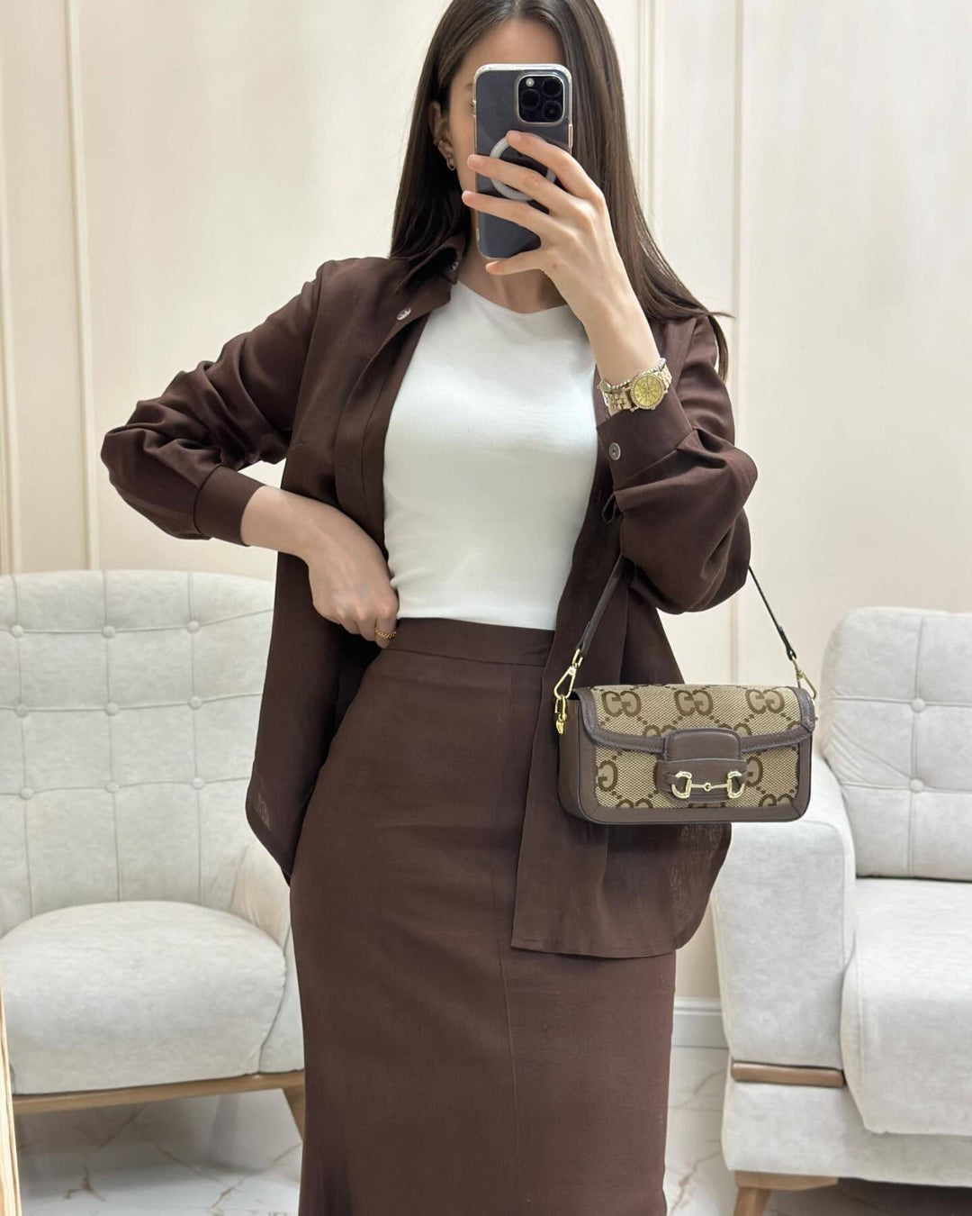 Damen Zweiteiliges Set Schlauchmaxirock mit ausgestelltem Saum und Oversize-Hemd Nord Taschen