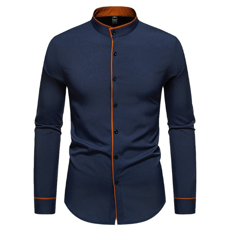 Herren Langarmhemd mit modernem Stehkragen und gesticktem Detail