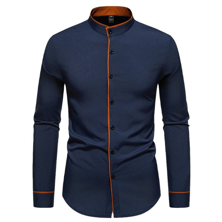 Herren Langarmhemd mit modernem Stehkragen und gesticktem Detail