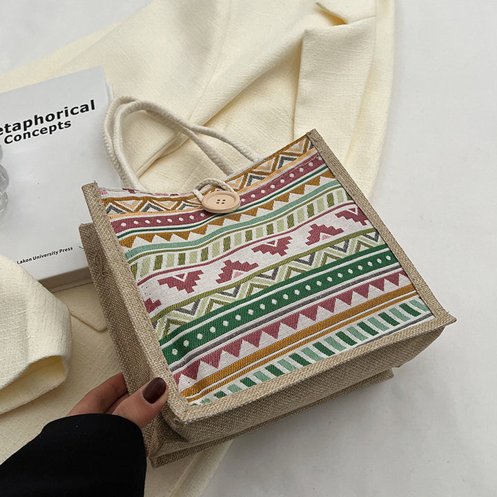 Damen Jutetasche mit buntem Ethnomuster und praktischen Tragegriffen Nord Taschen