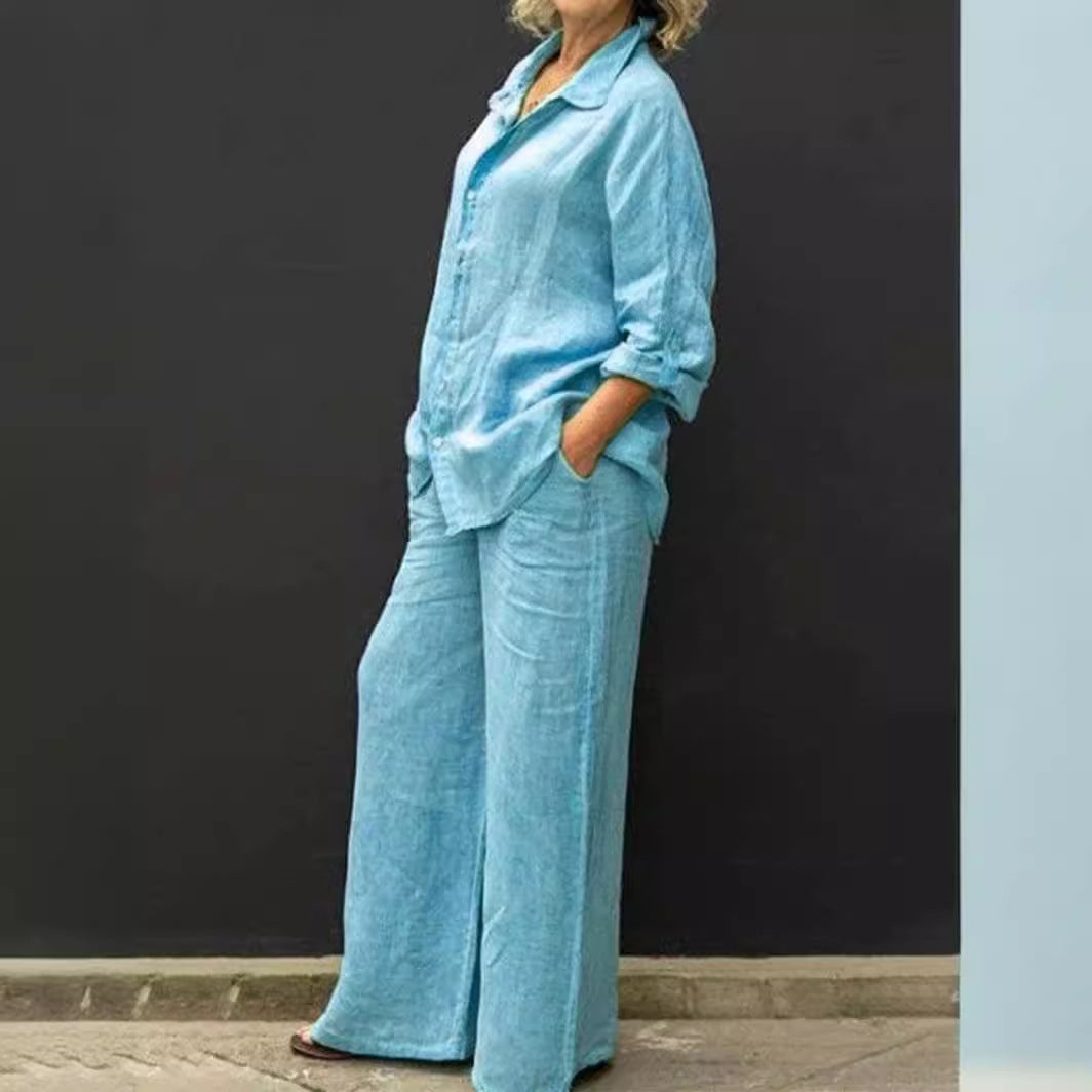 Damen Entspanntes Leinen-Set mit Oversize-Hemd und weiter Palazzo-Hose Nord Taschen