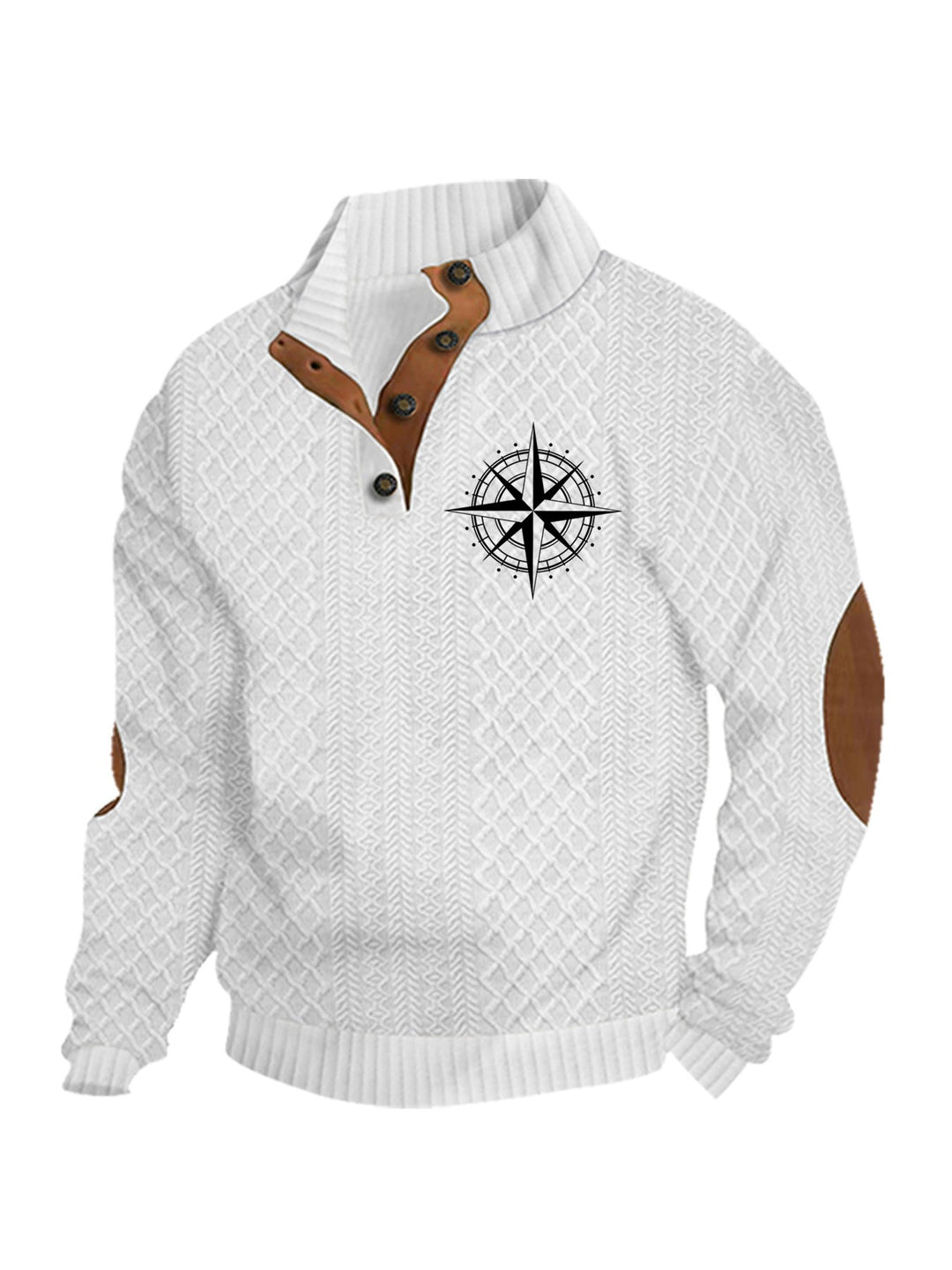 Herren nan Heritage-Strukturpullover mit Stehkragen Lederimitat-Besatz Ellenbogen-Patches und Halbknopfleiste