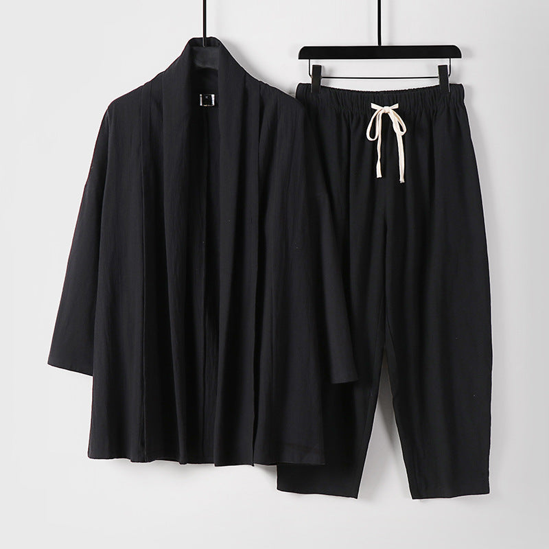 Unisex Lockeres Kimono-Lounge-Set aus leichter Baumwollmischung mit Schalkragen und Kordelbundhose Nord Taschen