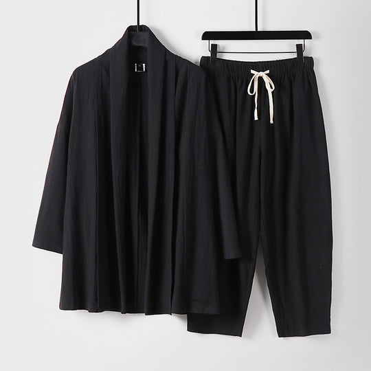 Unisex Lockeres Kimono-Lounge-Set aus leichter Baumwollmischung mit Schalkragen und Kordelbundhose Nord Taschen
