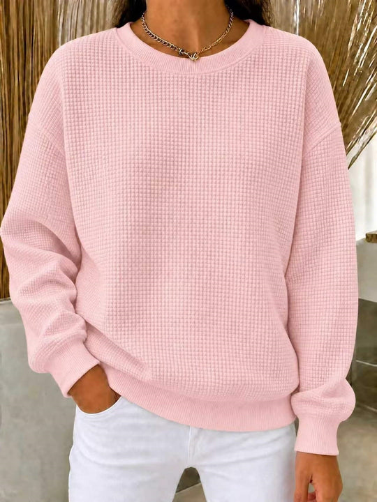 Damen Lockeres Waffelstrick-Sweatshirt mit Rundhalsausschnitt und Rippbündchen Nord Taschen