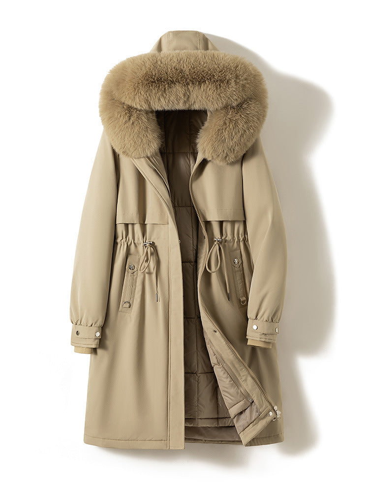 Damen nan langer wasserabweisender Parka mit voluminöser Kunstfellkapuze, taillierbarem Tunnelzug und gesteppter Thermo-Innenjacke Nord Taschen