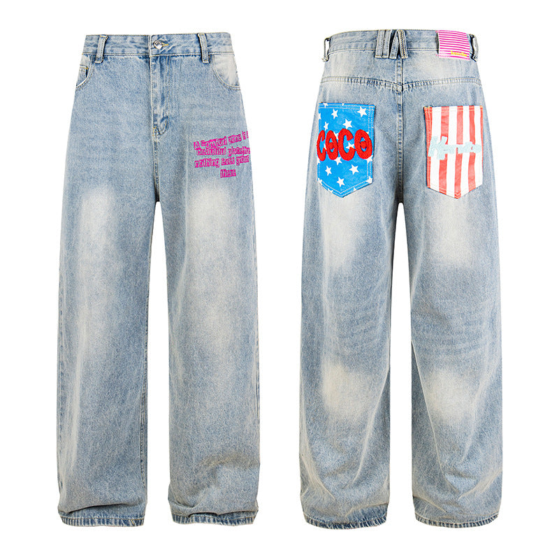 Damen Weite High‑Waist Jeans im Vintage-Look mit elastischem Saum und Statement-Stickerei Nord Taschen