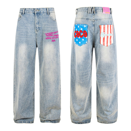 Damen Weite High‑Waist Jeans im Vintage-Look mit elastischem Saum und Statement-Stickerei Nord Taschen