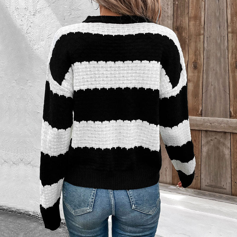 Damen Oversize-Fisherman-Strickpullover mit Blockstreifen, Ajourstruktur und gerippten Bündchen Nord Taschen