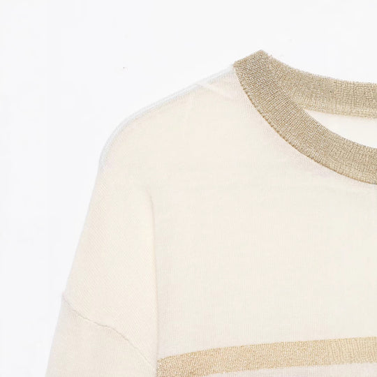 Damen Leichter gestreifter Feinstrickpullover mit Metallic‑Streifen und Rundhalsausschnitt Nord Taschen