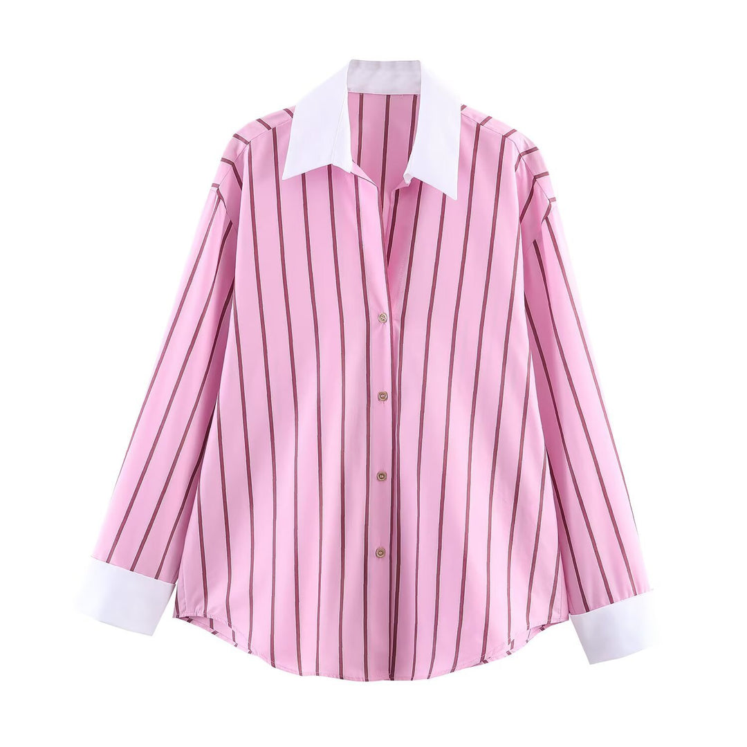 Damen Oversize-Hemdbluse mit Kontrastkragen, Manschetten und vertikalem Streifenmuster Nord Taschen