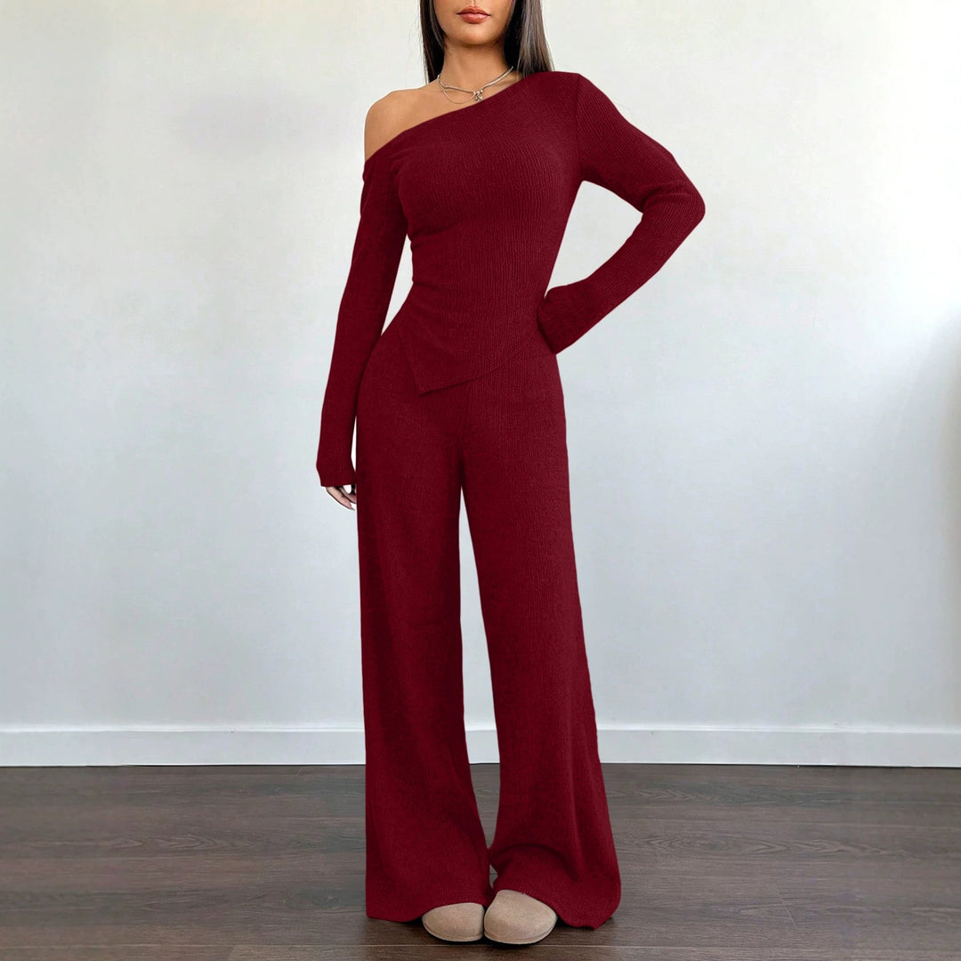 Damen Asymmetrisches Strick-Lounge-Set mit One-Shoulder-Oberteil und weitem Bein Nord Taschen