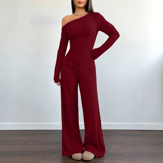 Damen Asymmetrisches Strick-Lounge-Set mit One-Shoulder-Oberteil und weitem Bein Nord Taschen