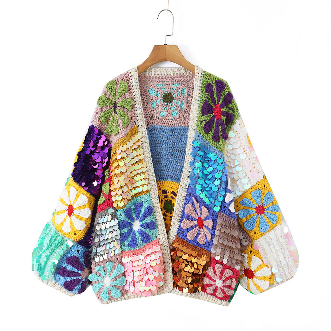Damen verspielter Häkelpatchwork-Cardigan mit Pailletten und Blumenapplikationen Nord Taschen