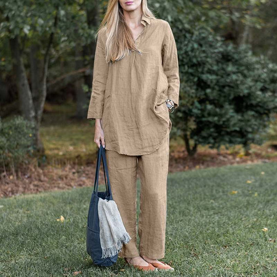 Damen Leinen-Loungewear-Set mit weitem Tunika-Hemd und lockerer Palazzo-Hose Nord Taschen