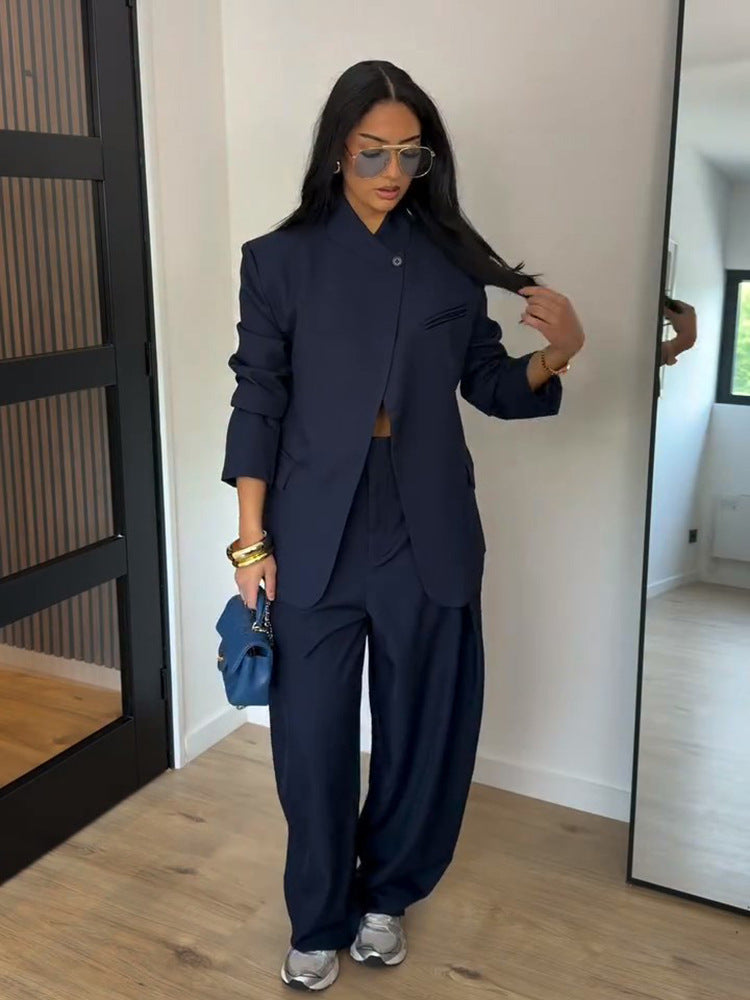 Damen Zweiteiliges Oversize-Sakko mit Stehkragen und weite Bundfaltenhose Nord Taschen