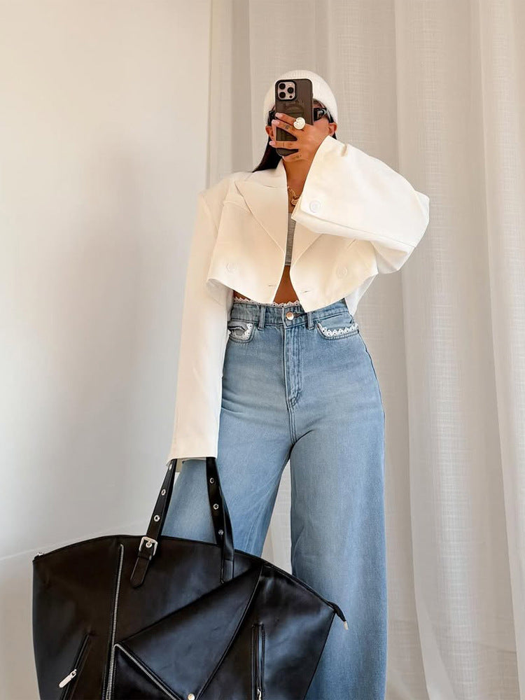 Damen Cropped-Boxy Kurzblazer mit kastiger Silhouette und überlangen Ärmeln Nord Taschen