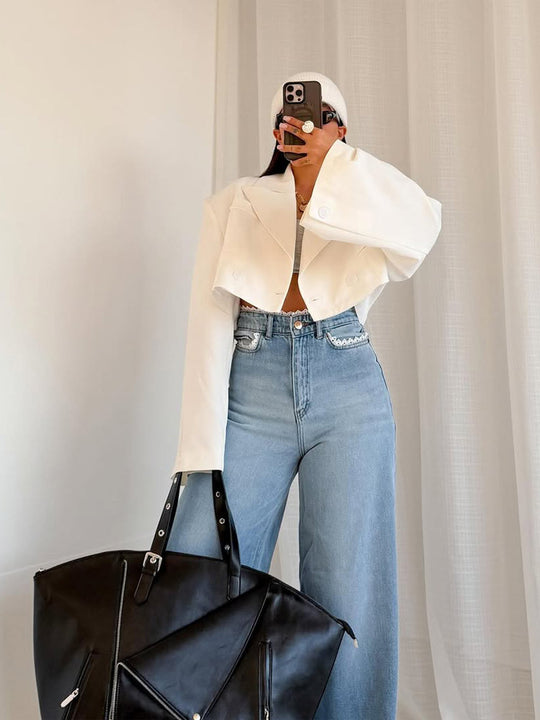 Damen Cropped-Boxy Kurzblazer mit kastiger Silhouette und überlangen Ärmeln Nord Taschen