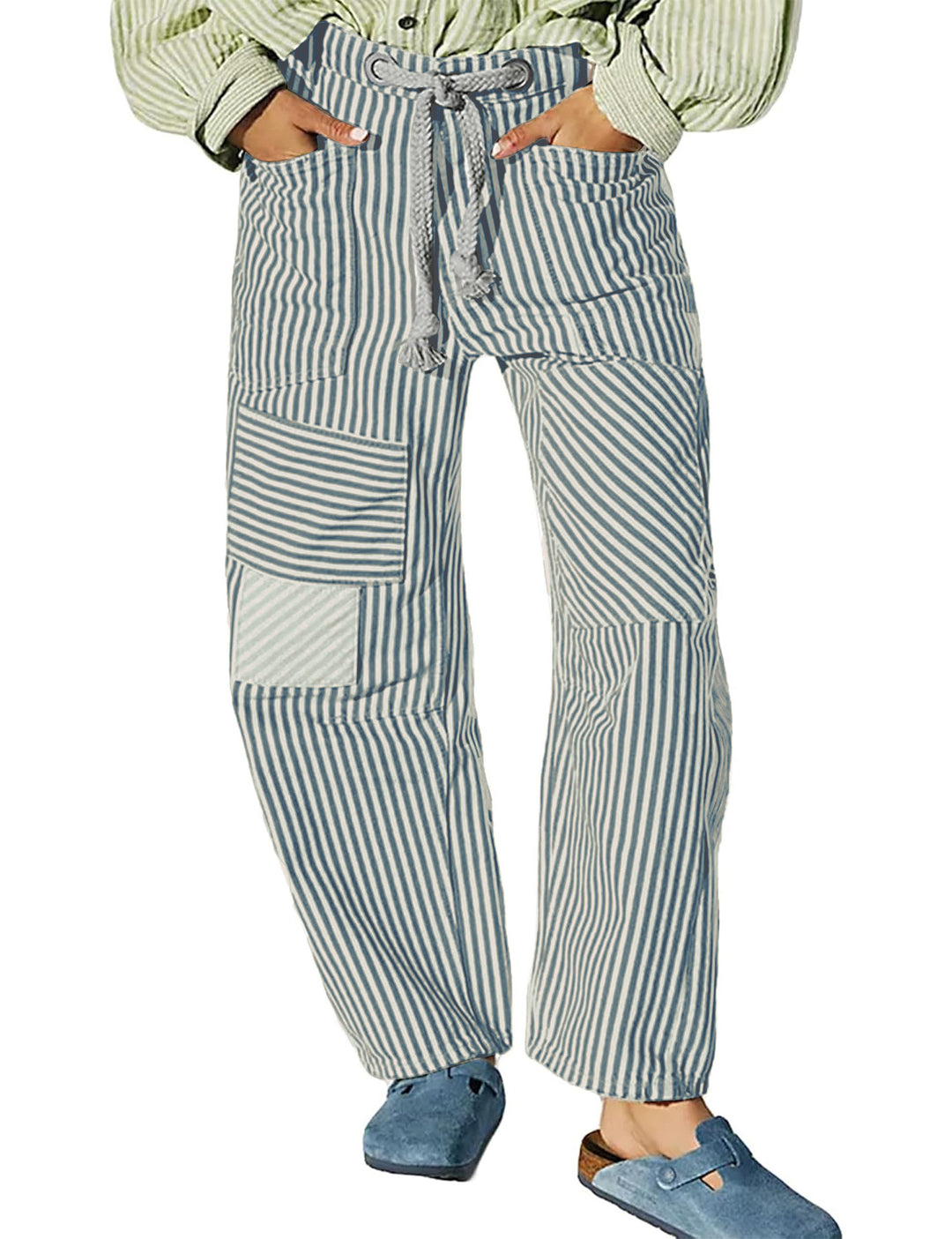 Damen lässige gestreifte Leinenhose mit Kordelzug und aufgesetzten Taschen Nord Taschen