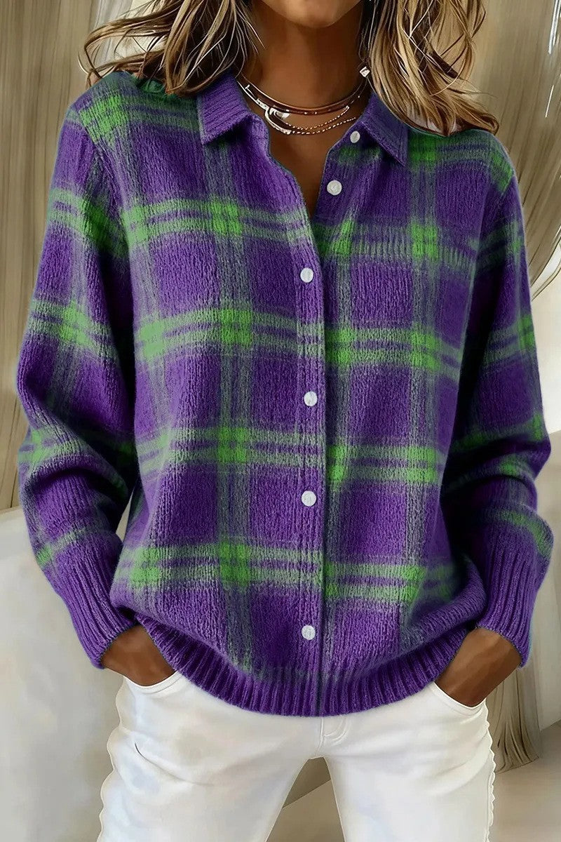 Damen Kariertes Strick-Hemdjacke-Cardigan mit Hemdkragen und gerippten Bündchen Nord Taschen