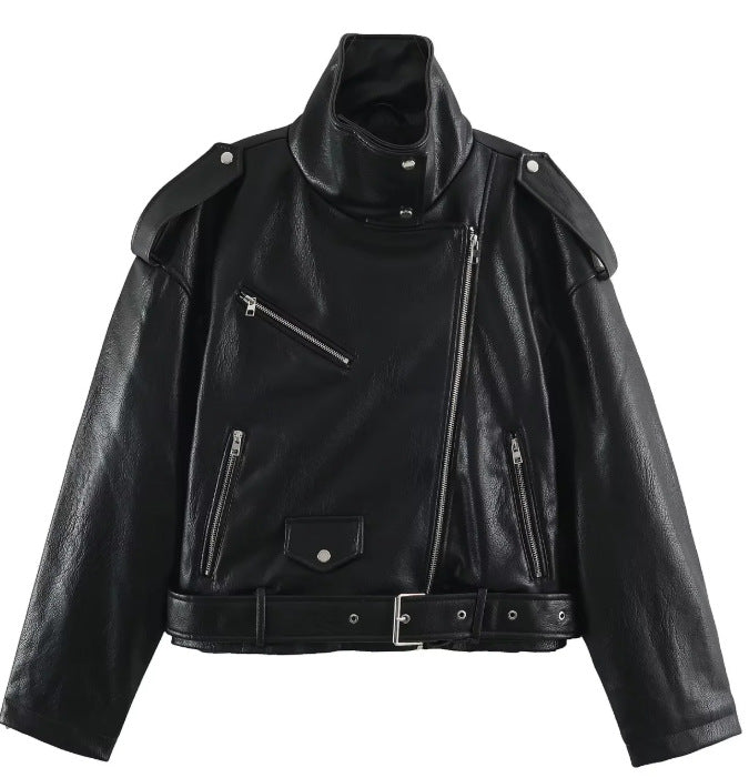 Damen Kurz geschnittene Bikerjacke aus Kunstleder mit asymmetrischem Reißverschluss, Stehkragen und Schulterklappen Nord Taschen