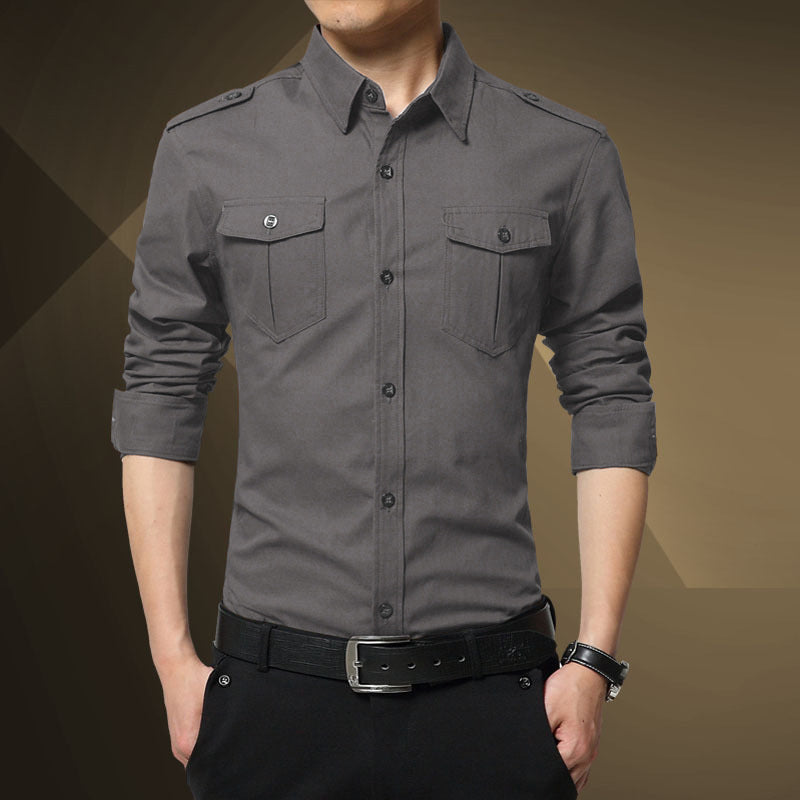 Herren Slim-Fit Baumwoll-Mix Utility-Hemd mit Schulterklappen und Brustpattentaschen Nord Taschen