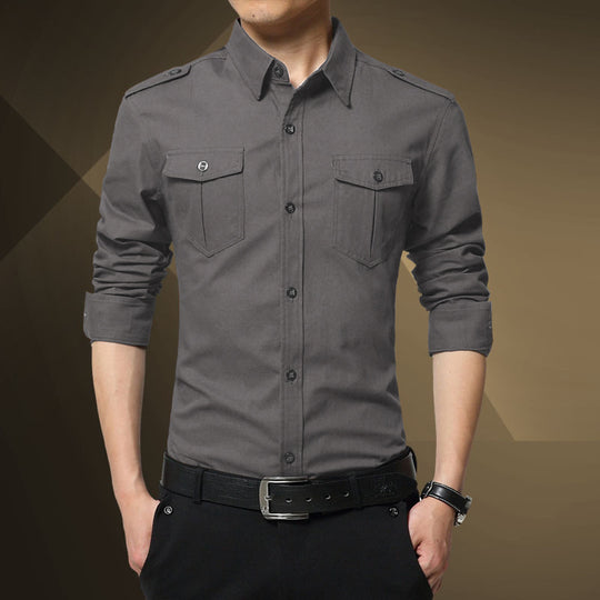 Herren Slim-Fit Baumwoll-Mix Utility-Hemd mit Schulterklappen und Brustpattentaschen Nord Taschen