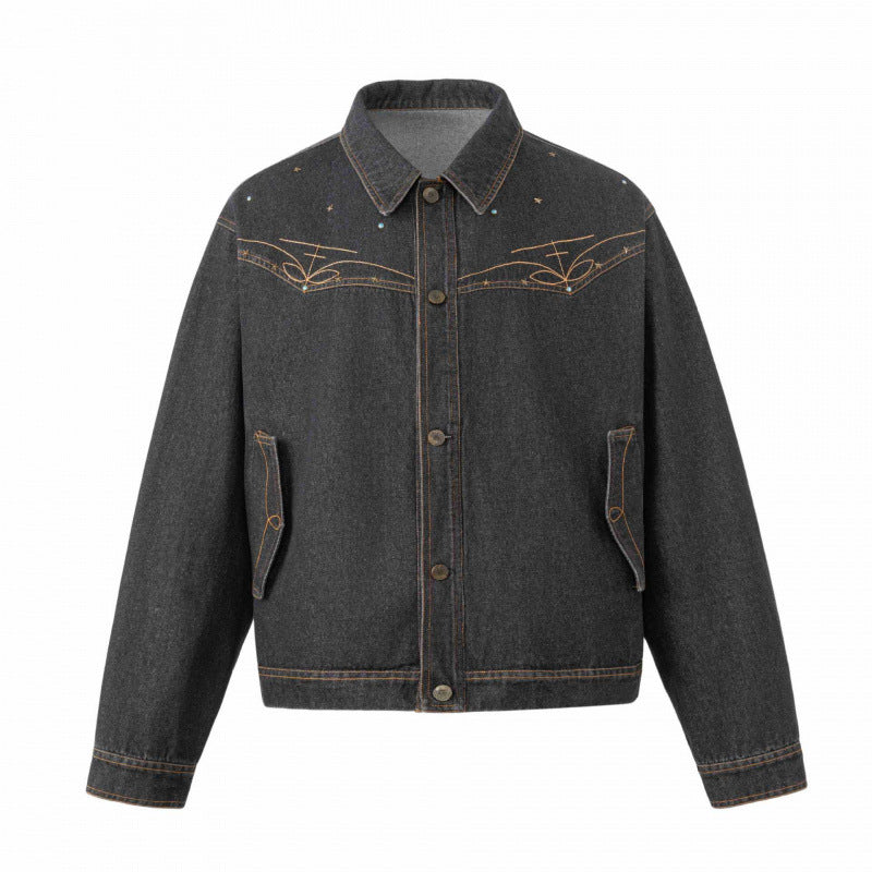 Unisex Oversize Jeansjacke im Boxy-Schnitt mit Westernstickerei und Pattentaschen Nord Taschen