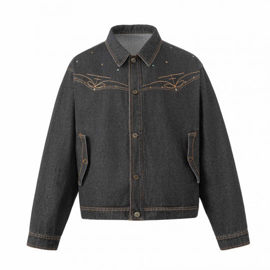 Unisex Oversize Jeansjacke im Boxy-Schnitt mit Westernstickerei und Pattentaschen Nord Taschen