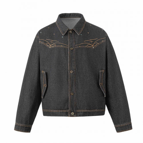 Unisex Oversize Jeansjacke im Boxy-Schnitt mit Westernstickerei und Pattentaschen Nord Taschen