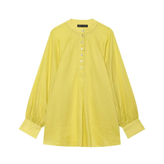 Damen Oversize-Bluse mit Stehkragen, durchgehender Knopfleiste und ballonärmeln Nord Taschen