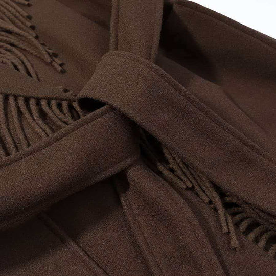 Damen Langer Fransen-Wollmix-Mantel mit Kapuze, Bindegürtel und aufgesetzten Taschen Nord Taschen