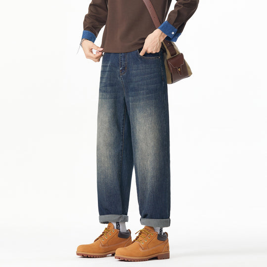 Herren Weite gerade geschnittene Denim-Jeans mit Used‑Wash und Umschlagbund Nord Taschen