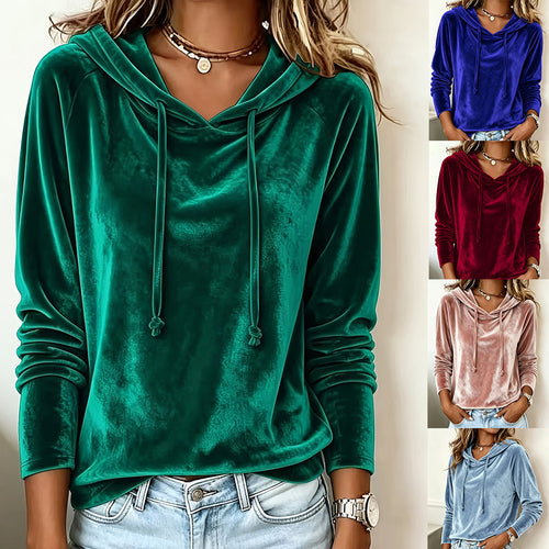 Damen Samt-Hoodie mit Kapuze Kordelzug und legerem Schnitt Nord Taschen