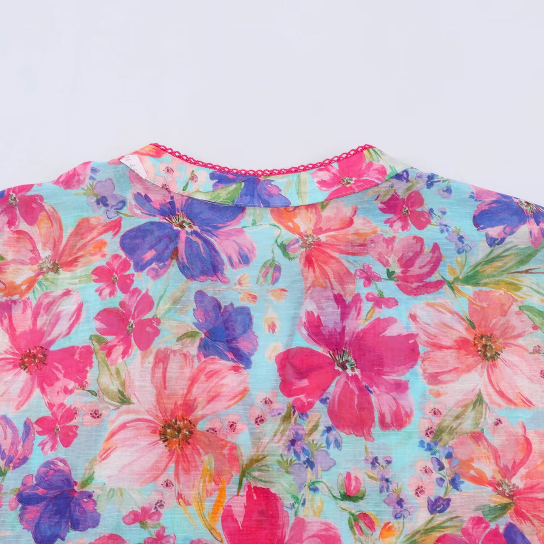 Damen Leichte Bluse im Aquarell-Floralmuster mit Stehkragen und dreiviertelärmeln Nord Taschen