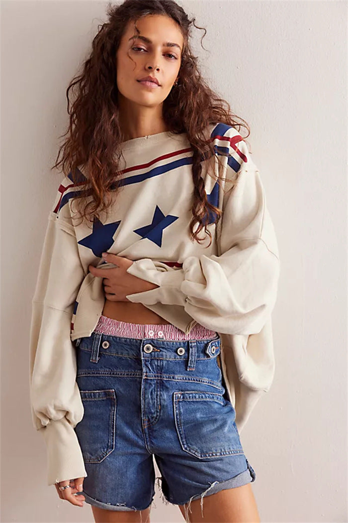 Damen oversized Sweatshirt mit Rüben-Print, ausgefransten Nahtakzenten und Daumenlochärmeln Nord Taschen