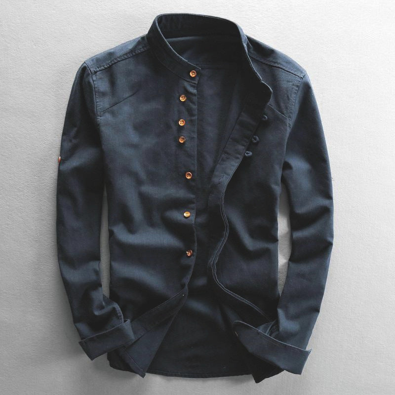 Herren Leichtes Baumwoll-Leinen Overshirt mit Stehkragen und Knopfleisten-Detail Nord Taschen