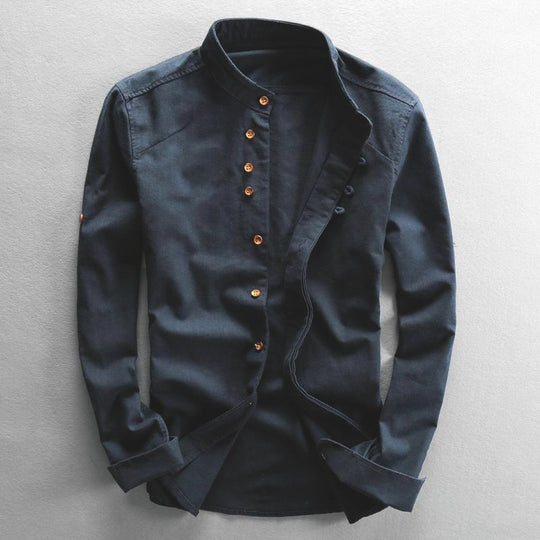 Herren Leichtes Baumwoll-Leinen Overshirt mit Stehkragen und Knopfleisten-Detail Nord Taschen