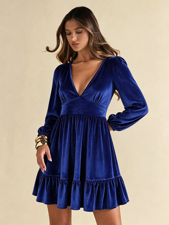 Damen elegantes Samt-Stufenminikleid mit tiefem V-Ausschnitt, taillierter Empire-Passe und voluminösen Ballonärmeln Nord Taschen